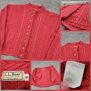 VTG LL Bean Womens S Small Cotton Knit Cableknit Chunky Cardigan Red Sweater